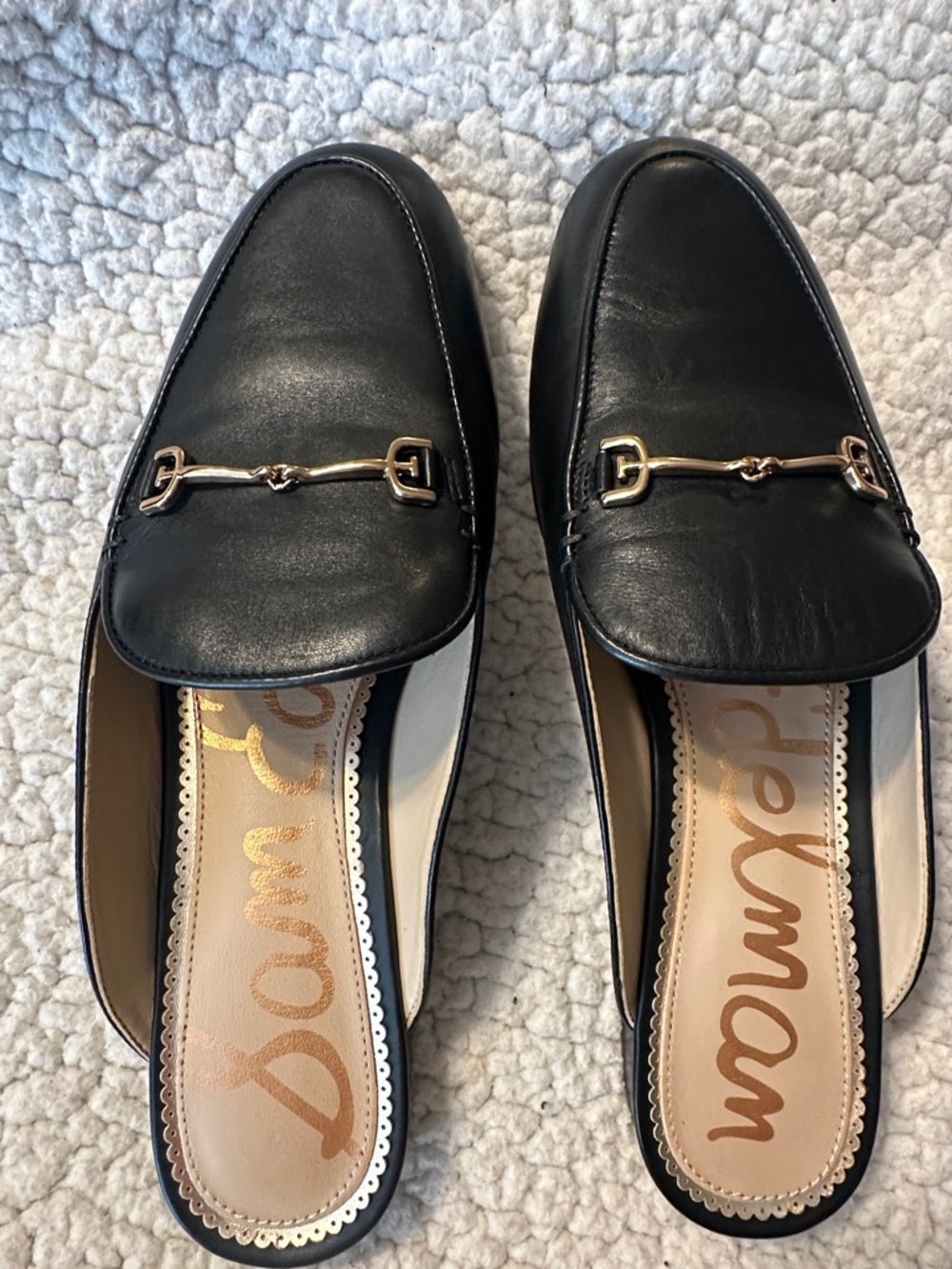 Sam Edelman Black Leather Slip-On Loafers with Gold Horsebit
